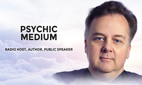 Jeffrey Wand's head floating in the clouds with the text: Psychic Medium. Radio Host, Author, public Speaker.